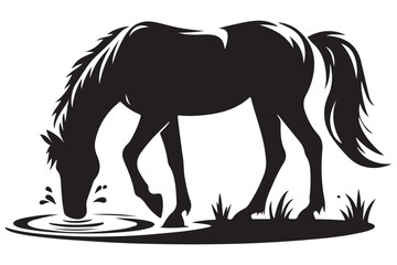 Silhouette of a Horse Drinking Water at Pond Vector Design