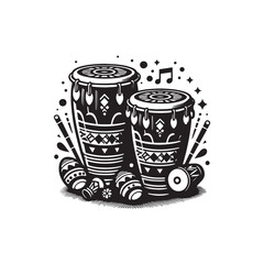 Black Color Bongos Silhouette Vector Illustration, Solid White Background