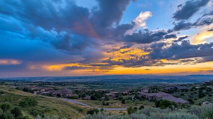 Dramatic Sunset Over Rolling Hills and Suburban Landscape Panorama