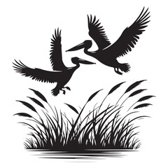 Pelican Silhouette Vector Illustration Birds Flying over Marsh Landscape