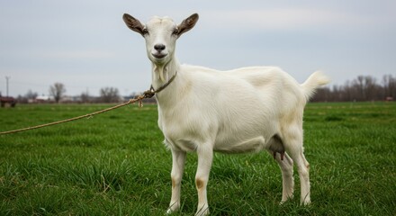 Obraz premium White goat stands in a green field under a cloudy sky.