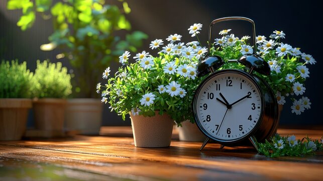 Springtime Serenity: Alarm Clock Amidst Blooming Daisies
