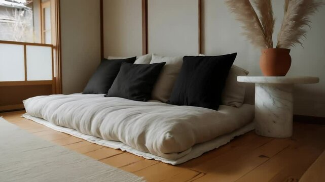 Minimalist interior design of modern Japandi livingroom with futon and pampas grass
