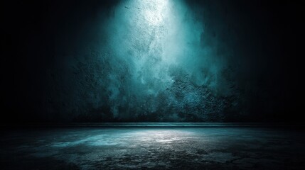 dark blue background texture with black vignette in old vintage grunge textured border design dark elegant teal color wall with light spotlight center.