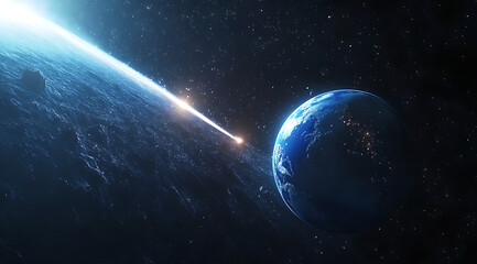 Fototapeta premium The blue Earth is shining with the sun in space, against a starry sky background, with glowing light effects, and a black background. 