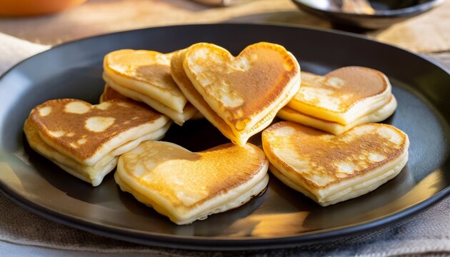 Pancakes heart-shaped arranged in a playful pattern, capturing the happiness of a morning breakfast