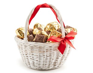 White wicker gift basket with a red ribbon and gold foil-wrapped chocolate boxes, isolated on a white background