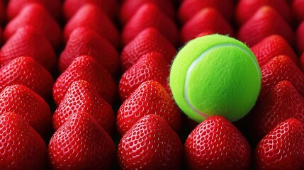 Bright green tennis ball nestled among rows of fresh red strawberries, symbolizing summer and lawn tennis championships.