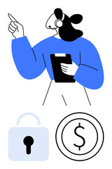 Call center agent with headset holding clipboard gestures upward. Lock and coin highlight security, finance, communication, teamwork, customer care, data safety, and guidance. Flat simple metaphor