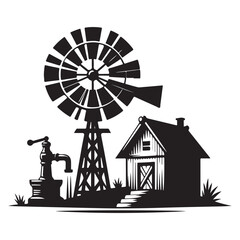 Silhouette of Farm Windmill Vector Art Illustration Countryside Theme