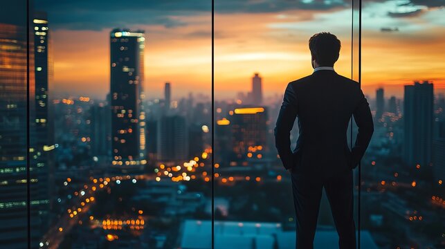 Business man looking at city skyline at sunset corporate success leadership vision future opportunity plan 100