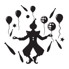 Clown silhouette juggler circus artist with balloons and pins