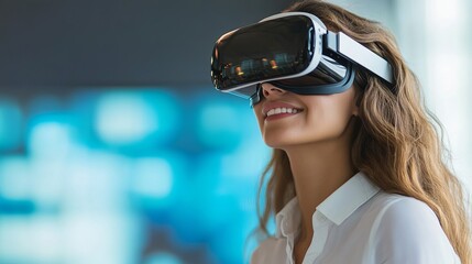 Woman using vr headset virtual reality technology gaming metaverse experience innovative future tech trend