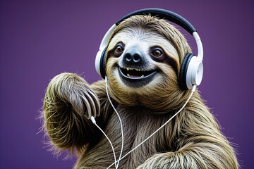 Cheerful sloth enjoying music with earphones on a purple background