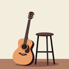 Acoustic guitar resting against a black stool in a minimalistic interior setting showcasing a flat design vector illustration