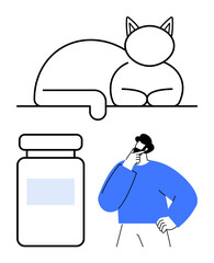 Man pondering while looking at a medicine bottle, alongside a relaxed cat illustration. Ideal for healthcare, decision-making, pets, wellness, contemplation, lifestyle, flat simple metaphor