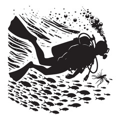 Underwater Adventure Silhouette Diver Exploring the Ocean Depths Vector