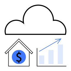 Cloud above a house with a dollar sign and a rising bar chart symbolizing digital finances, growth, and stability. Ideal for business, data, economy, technology, investment real estate. Flat simple