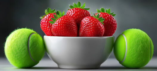 Bowl of fresh ripe strawberries between two green tennis balls against a dark gradient background. Lawn tennis summer sports concept.
