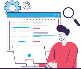 SEO Specialist Optimizing a Webpage with Metadata and Keywords in Isometric Style

