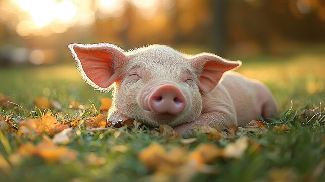 Adorable Piglet Napping in Autumn Leaves