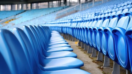 Fototapeta premium Empty blue plastic stadium seats , empty, blue, plastic, stadium, seats, rows, event, audience, sports, arena, chairs, seating.