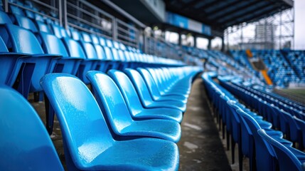 Fototapeta premium Empty blue plastic stadium seats in a sports arena , stadium, seats, bleachers, audience, spectators, sports, event, arena.