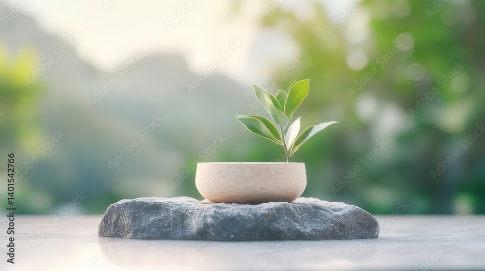 Aufkleber 緑の植物の芽が石の上の小さなボウルに育つ背景には明るい光と緑の風景