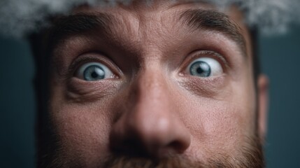Fototapeta premium A man with wide eyes, surrounded by smoke, showing a look of worry. Man with tense expression in the smoky atmosphere.