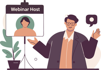 Webinar Host Giving Presentation with Live Viewer Count and Chat in Isometric Style

