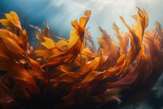 Underwater kelp forest bathed in sunlight, vibrant orange hues, swaying kelp leaves create a mesmerizing scene.
