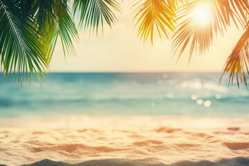 Fototapeta premium Serene tropical beach scene at sunset, palm leaves framing the ocean view.