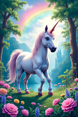 A beautiful unicorn in a magical forest - digital illustration.created with the help of artificial intelligence.