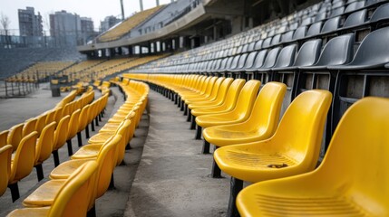 Obraz premium Empty yellow stadium seats, outdoor arena, rows of plastic chairs.