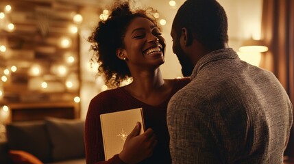 Couple Sharing a Joyful Moment Together Indoors While Holding a Book in a Cozy, Warmly Lit Atmosphere During the Evening