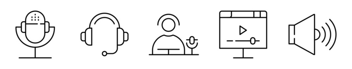 Conjunto de iconos de podcast. Comunicación digital, audio y difusión de contenido. Micrófono, auriculares, locutor en acción, reproducción en pantalla, ondas de sonido. Ilustración vectorial