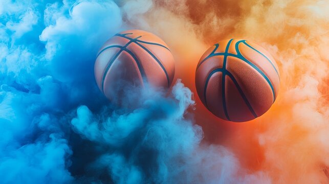Basketballs in smoke background sports concept orange and blue basketball art wallpaper design image