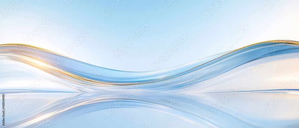 Poster 抽象的な水の波紋と光の反射 青と白のグラデーション背景に曲線的な動きと透明感