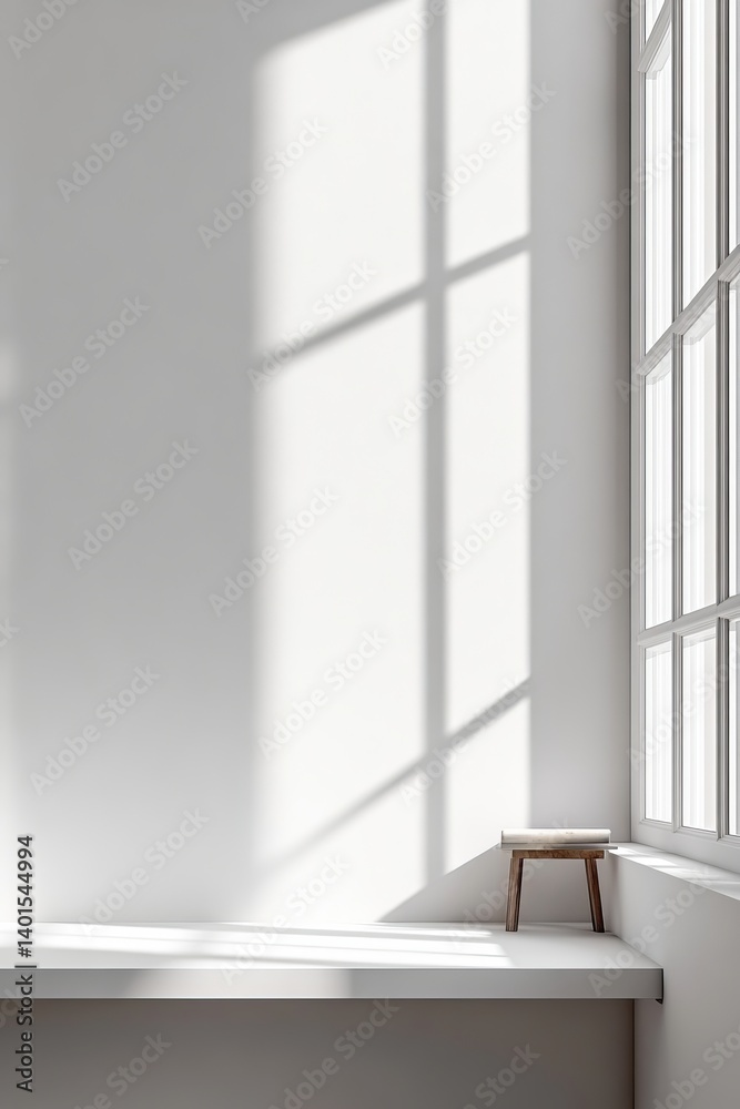Poster sunlight filters through large windows creating soft shadows in a minimalist interior space with a s