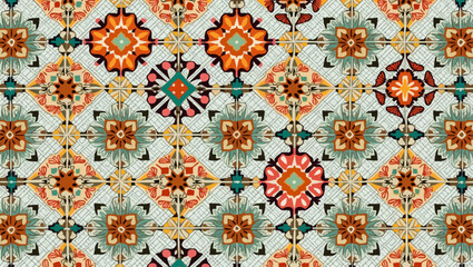 Vibrant ornamental mosaic pattern with colorful symmetrical flower motifs in tiles.