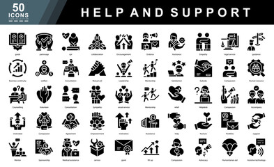 Help and Support glyph icon set focused on empathy, mentorship, assistance, and humanitarian aid. Ideal for nonprofits, customer care, wellness platforms, and community support visuals.