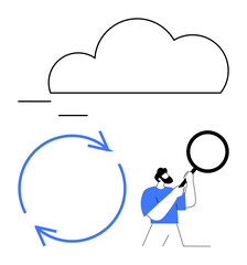 Cloud above circular arrows with person holding magnifying glass. Ideal for data analysis, cloud computing, research, AI, process improvement, information flow, digital innovation. Flat simple