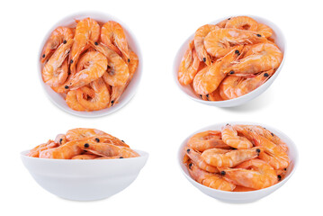 Cooked shrimps  in a bowl on a white isolated background