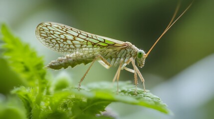 Green lacewing insect perches on leaf, showcasing delicate wings and long antennae 