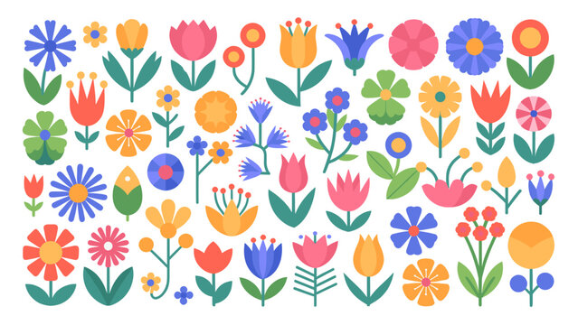 Colorful flat vector collection of various decorative flowers in bloom with geometric shapes and vibrant petals, displayed on a white background