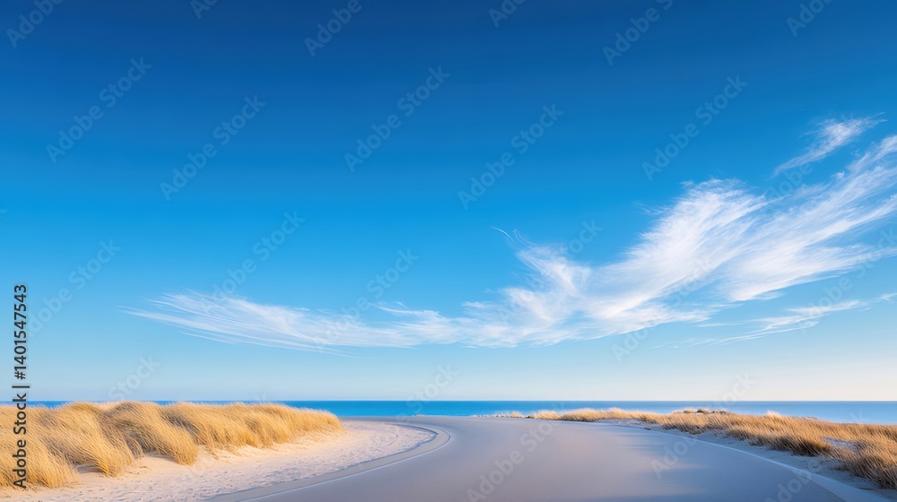 Aufkleber 青い空と海砂浜の風景写真太陽光線のパス白い雲が広がる穏やかな夏の日の自然景色