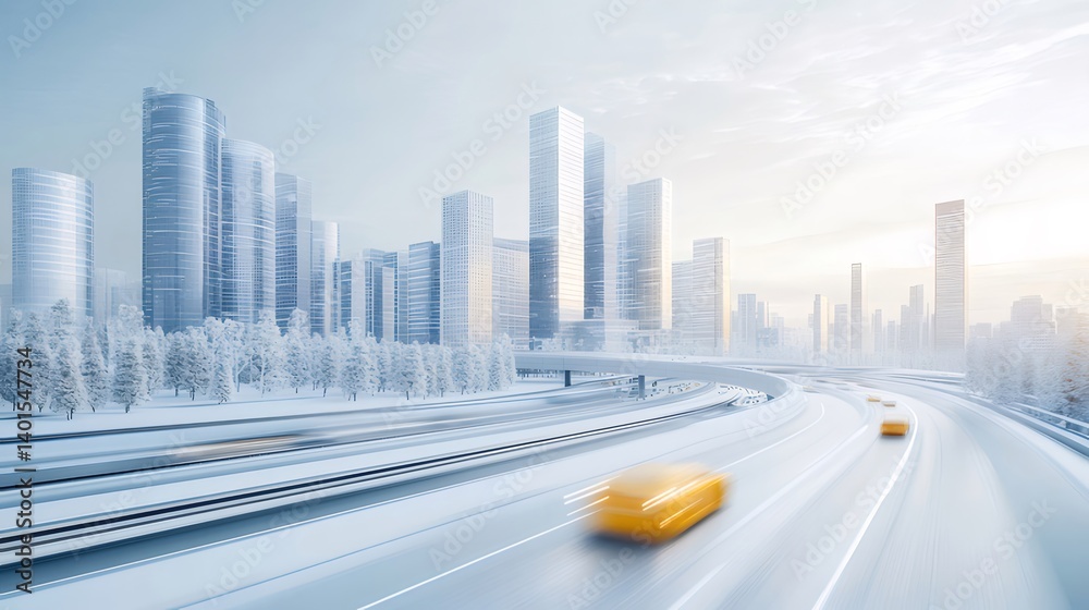 Aufkleber 未来的な都市の雪景色 道路を走る黄色い電気自動車 周囲には白い建物と木々 晴れた青空の下