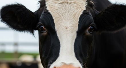 Close-up of a black and white cow face looking directly at the viewer.