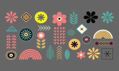 Colorful Geometric Shapes on Black Background &ndash; Retro-Inspired Flat Design Elements & Abstract Patterns, Art & Illustration