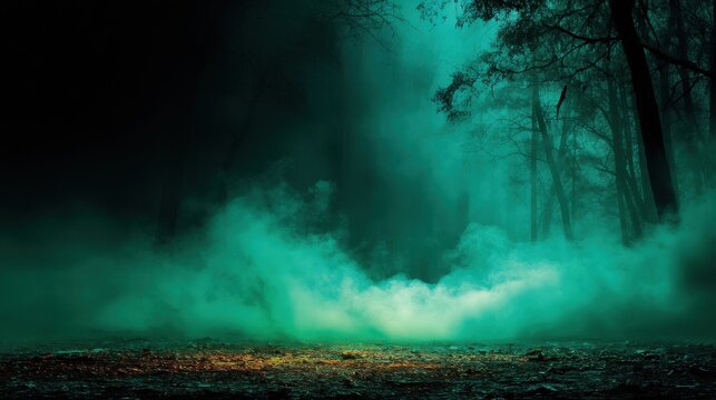 Halloween background with eerie green fog rolling over a dark forest floor.